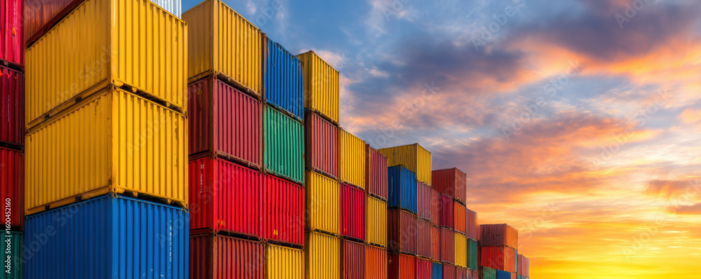 Fototapeta premium Colorful shipping containers stacked outdoors under a vibrant sunset sky.