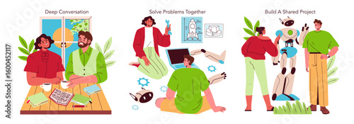 Collaborative Brainstorming and Robot Project Vector Illustration