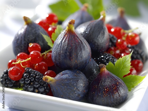 Fresh Ripe Figs, Red Currants, and Blackberries in White Ceramic Bowl with Green Leaves, Capturing a Natural and Vibrant Berry Harvest Display