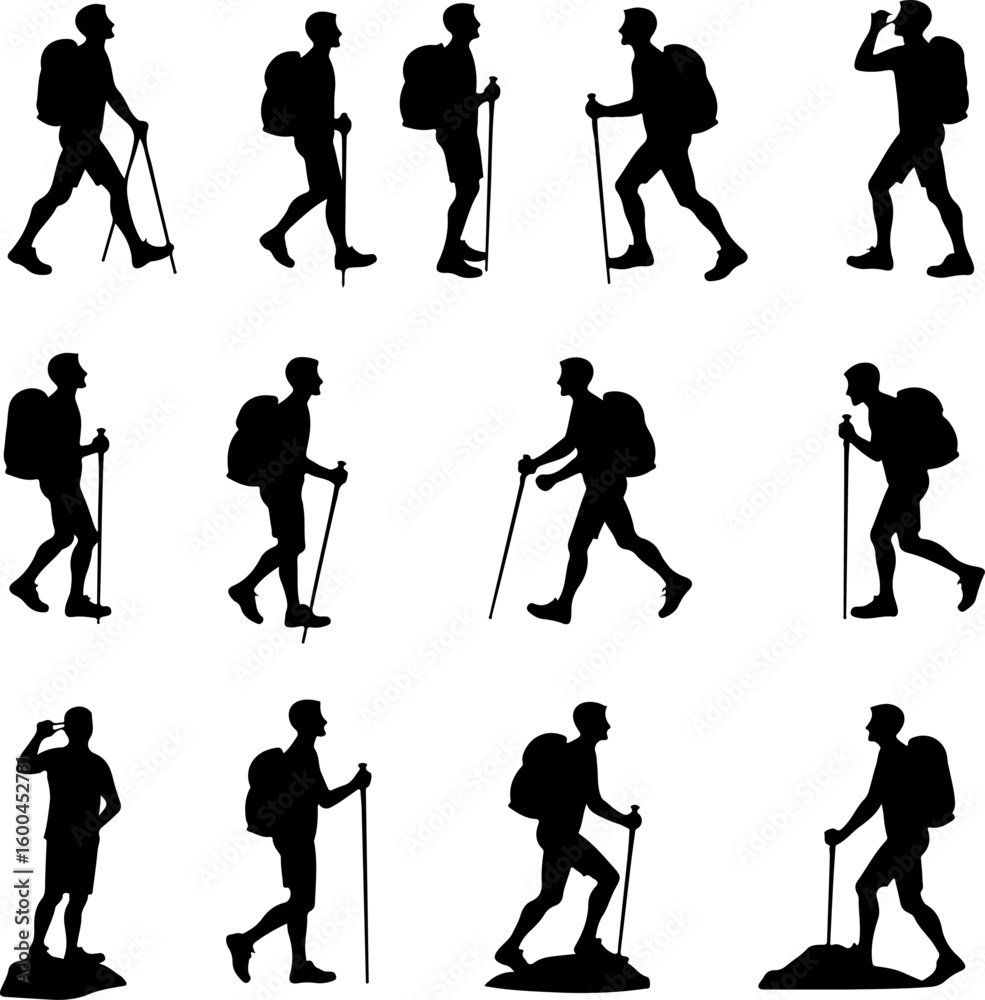 Obraz premium Hikers in Various Walking and Climbing Poses – Hiking, Trekking Adventure Bundle
