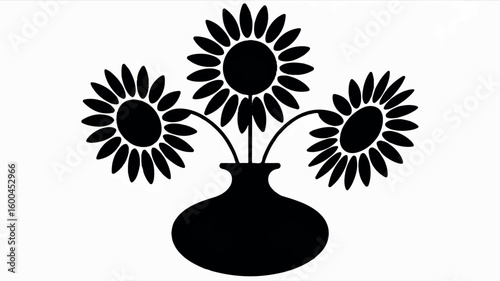 Minimalist black and white silhouette illustration of three sunflowers in a vase