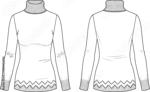 Turtleneck sweater design, long sleeve winter top, ribbed knitwear template, flat sketch, cad drawing, vector fashion illustration