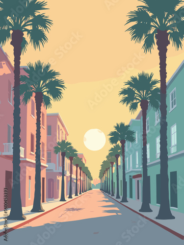 Charleston – Rainbow Row at sunset with pastel facades, cobbled streets, palm trees, and golden sky in blush pink, seafoam green, and honey gold