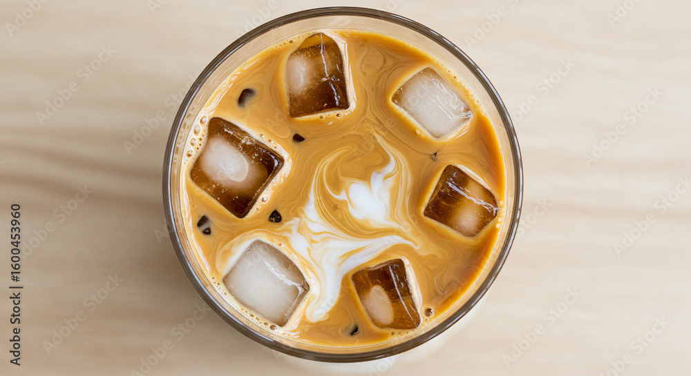 Obraz premium Perfectly blended iced coffee with golden cream tones, top view.