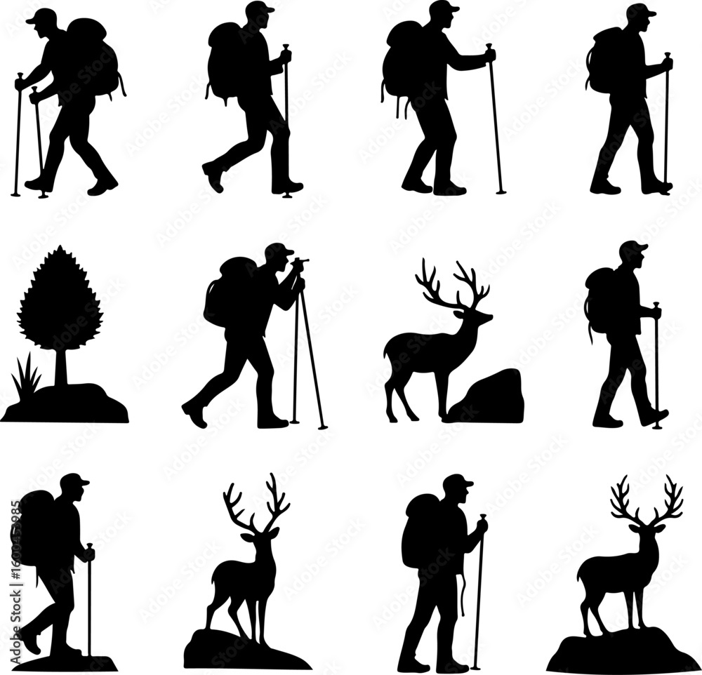 Obraz premium Hikers in Various Walking and Climbing Poses – Hiking, Trekking Adventure Bundle