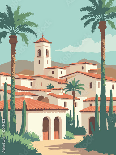 Santa Barbara – Red-tile roofs and Spanish arches under palm trees in terracotta, cream white, cactus green, and coastal sky