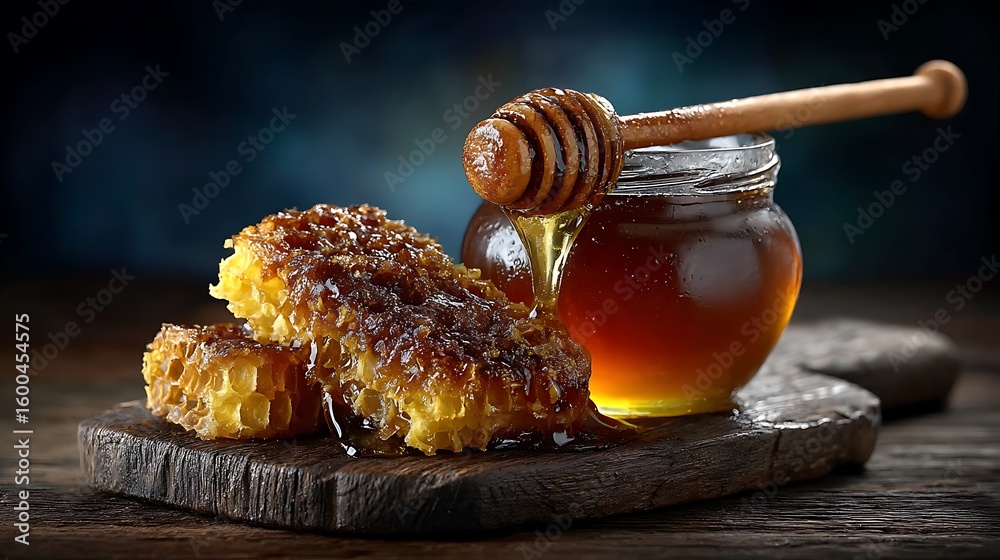 Ambient light illuminating a filled honey jar, raw honeycomb pieces arranged beside it, dipper coated in sticky honey. Ambient light illuminating a filled honey jar, raw honeycomb pieces arranged beside it, dipper coated in sticky honey.