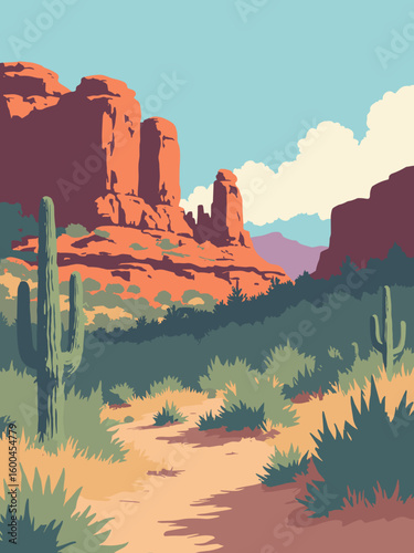 Sedona – Red rock spires and desert shrubs in burnt orange, cactus green, sandstone tan, and clear blue sky