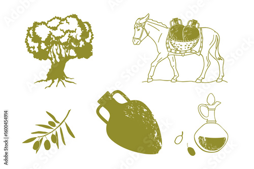 olive tree,  olive branch, amphora, donkey carrying amphoras, mediterranean aesthetic for olive oil products branding and packaging