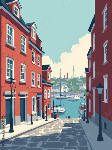 Boston – Beacon Hill streets and harbor with red bricks, navy sails, colonial white, and cobblestone gray