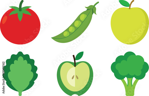 A colorful vector illustration set of fresh, healthy fruits and vegetables, including apples, tomatoes, strawberries, peppers, and pears