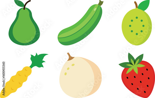 A colorful collection of fresh fruits and vegetables, including apples, oranges, bananas, and strawberries, ideal for healthy food illustrations