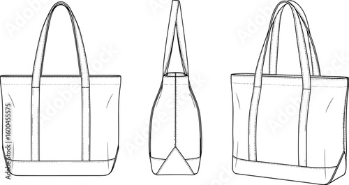 Tote bag technical flat sketch, front, side and back views with long handles, structured base, clean stitching, CAD vector drawing