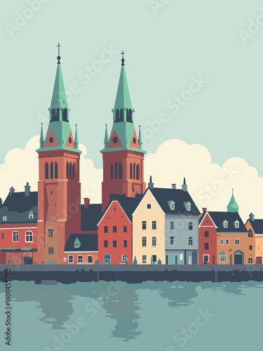 Lubeck – Brick Gothic spires and old port warehouses in cranberry red, moss green, iron gray, and pale blue