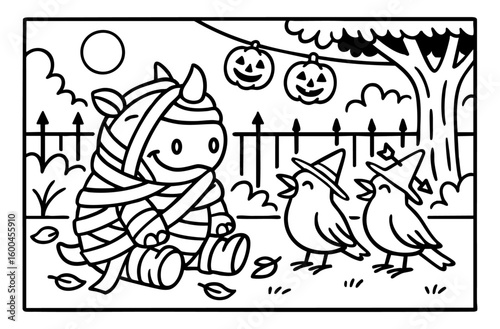 rhino dressed as a mummy coloring book with cute illustration