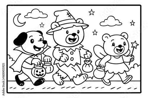 coloring page illustration cute little ones dressed up for Halloween