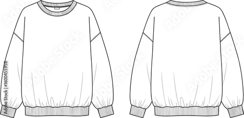 Oversized sweatshirt front and back technical sketch, ribbed cuffs and hem, crew neck, loose fit apparel flat vector drawing