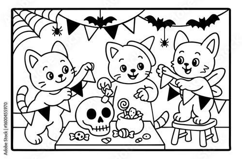 cute kittens decorating for halloween coloring page illustration