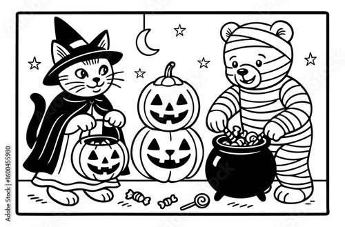 cute little ones dressed up for Halloween coloring page illustration
