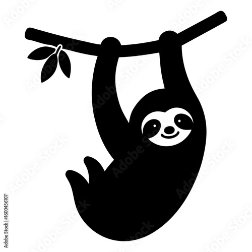 Cute sloth hanging from branch with leaves silhouette vector illustration