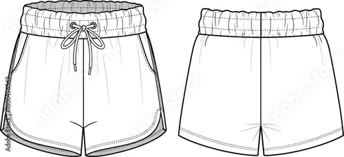 Running shorts technical flat sketch with drawstring waist, side pockets, front and back view, activewear design, CAD vector illustration