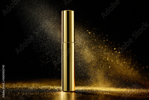 Sleek, mirror finish gold mascara tube stands upright against dark background, surrounded by shimmering spray of golden particles, creating elegant and luxurious atmosphere