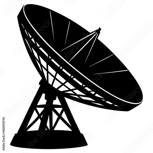 Isolated communication satellite dish antenna system silhouette vector illustration