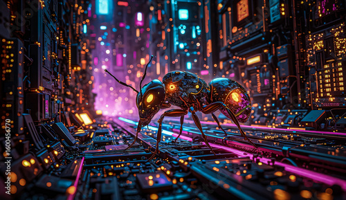 Robotic ants of the future.
The large robot ant is depicted against a futuristic cityscape, adorned with neon accents of red and blue.