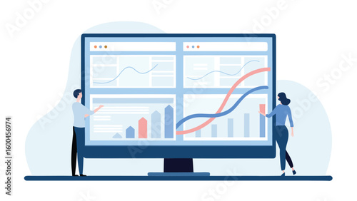 People analyzing data charts and graphs on a large computer screen with multiple panels display