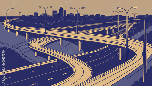 Illustration of a complex highway interchange with multiple overpasses and city skyline in the background