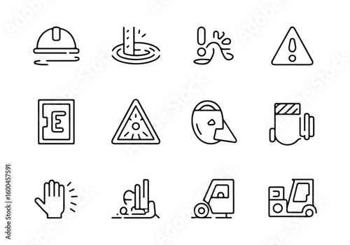 Collection of black line art icons representing safety and warning symbols including hard hat water hazard abstract symbol exclamation mark triangle