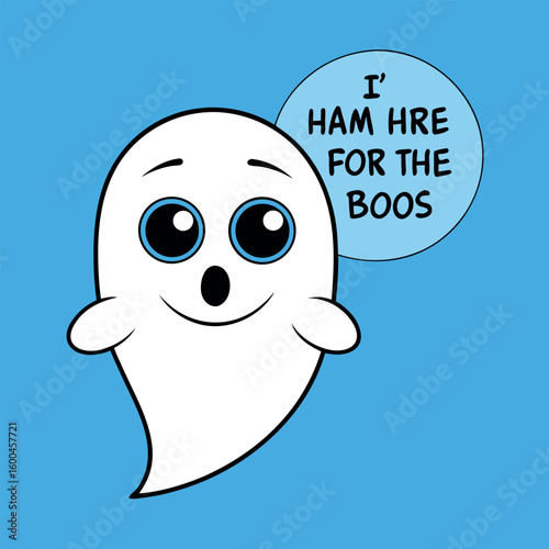 Cartoon ghost saying I am here for the boos in fun design colour Art Vector illustration