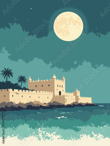 St. Augustine – Castillo de San Marcos by moonlight, ocean swells, and palm silhouettes in sandstone beige, midnight blue, emerald green, and silver moonlight