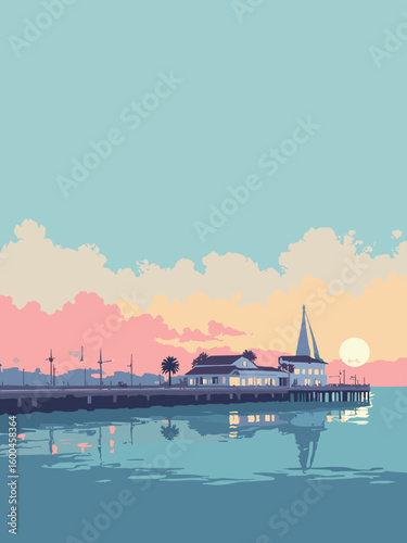 Newport Beach – Balboa Pavilion and harbor lights at dusk in pastel pink, sky blue, sail white, and golden yellow glow