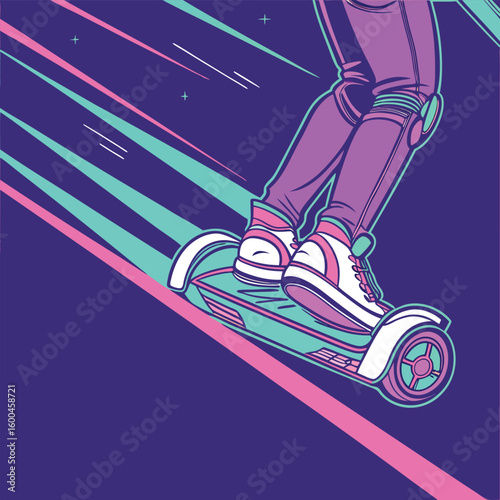 Person riding a futuristic hoverboard with neon streaks against a dark purple background art