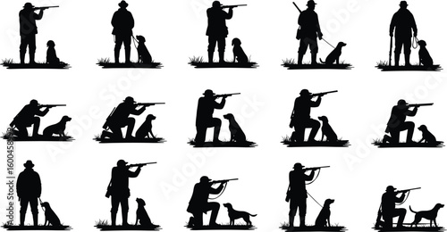 Silhouette set of hunter with dog, shooting rifle, kneeling and standing poses, outdoor hunting vector, wildlife scene, gun sports illustration