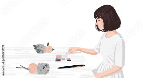 Woman sealing envelope with flowers on table in flat style