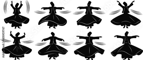 Whirling dervish silhouette collection, Sufi dance motion icons, traditional spiritual dancer in rotation, mystical ritual pose set, Islamic culture vector