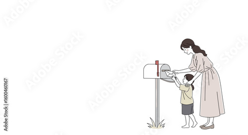 Mother helping daughter mail letter in minimal flat style