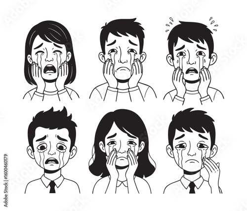 Set of crying people faces cartoon vector illustration
