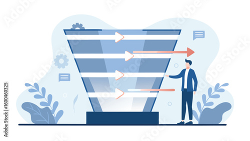 Illustration of a sales funnel with a man pointing and arrows going through it exactly one hundred