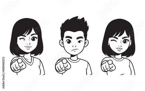 Set of characters pointing at you cartoon vector illustration