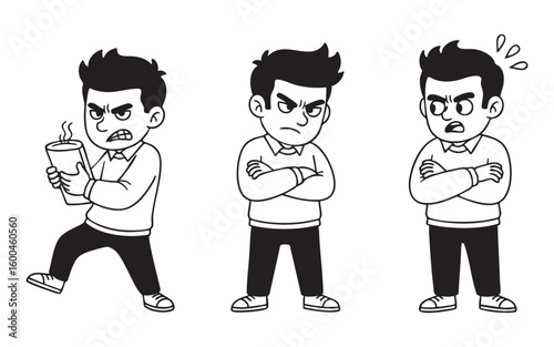 Angry man with arms crossed cartoon vector illustration set
