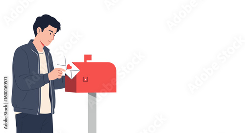 Young man mailing love letter at red mailbox in flat style