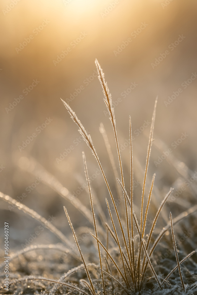 Fototapeta premium Close-up of frosty grass illuminated by warm sunlight