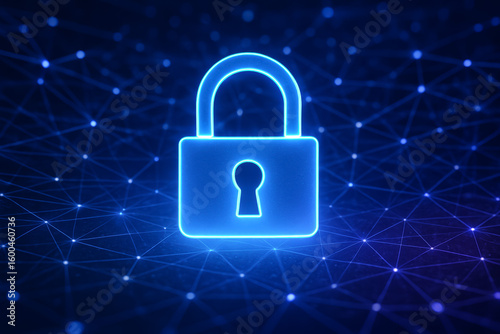 Digital lock icon glowing in a networked blue background