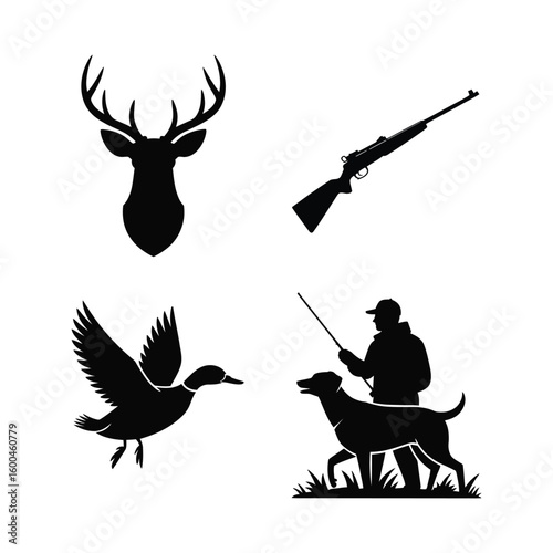 Hunting icons deer rifle duck hunter dog silhouette