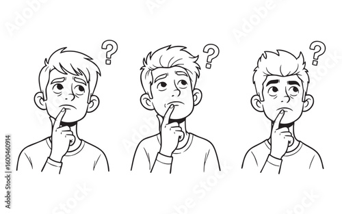 Thinking man with question marks cartoon vector illustration set