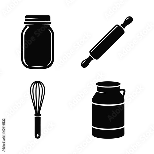 Collection of kitchen utensils and jars silhouette