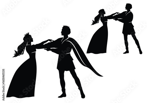 beautiful fairy tale princess and prince holding arms - woman and men dancing together black and white vector silhouette